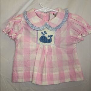 Pink and Blue Gingham Blouse with Whale Appliqué